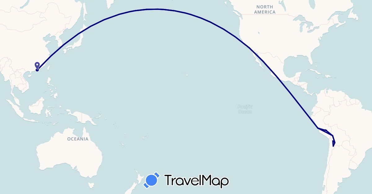 TravelMap itinerary: driving in Bolivia, China, Peru, United States (Asia, North America, South America)